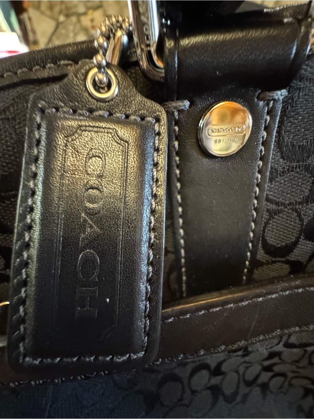 Coach F77156 Signature Black Canvas Tote Diaper Bag Green Interior Chain Strap